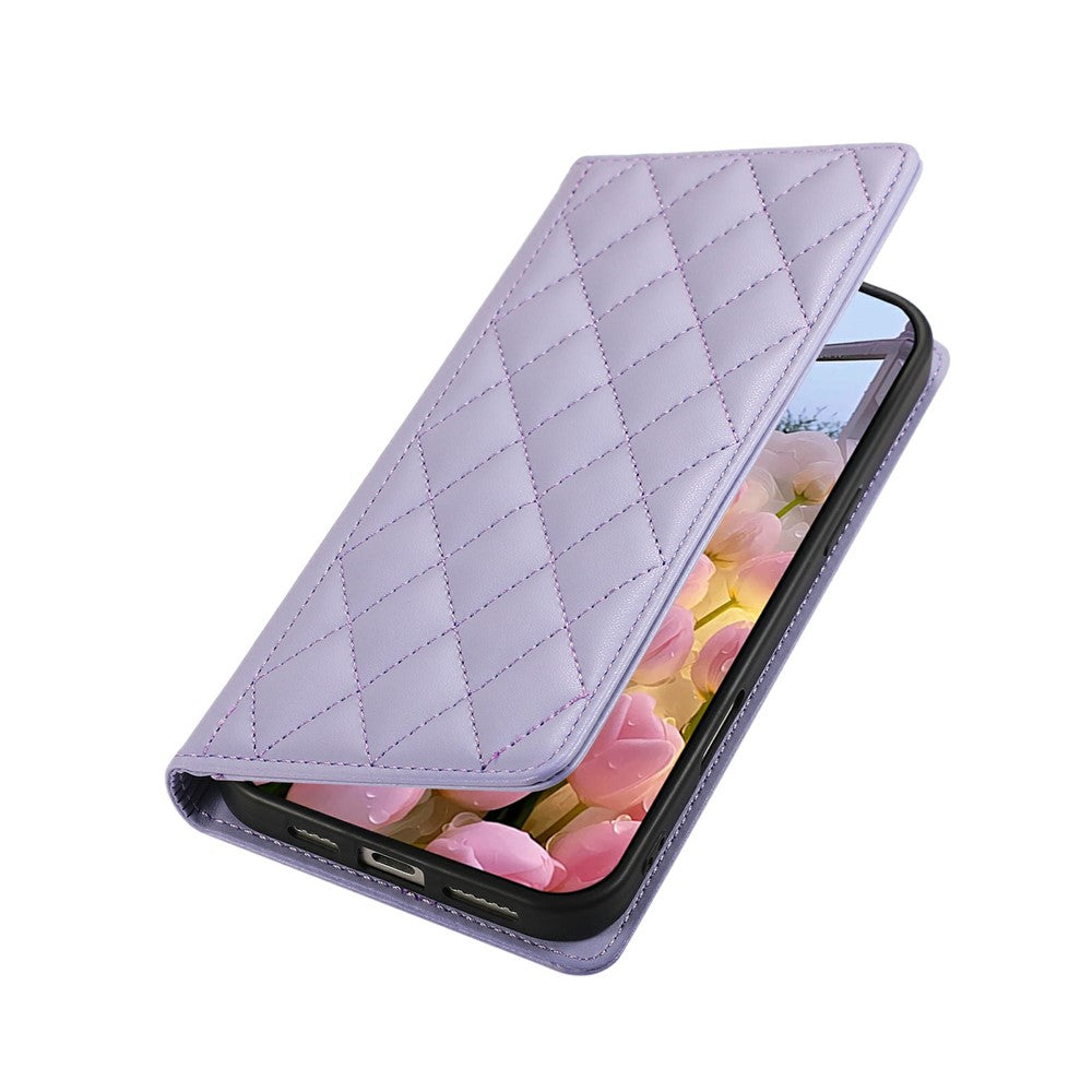 For iPhone 17 Pro Max Case RFID Blocking Wallet Stand Rhombus Leather Phone Cover with Wrist Strap - Purple