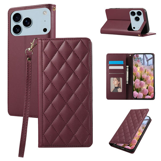 For iPhone 17 Pro Max Case RFID Blocking Wallet Stand Rhombus Leather Phone Cover with Wrist Strap - Red