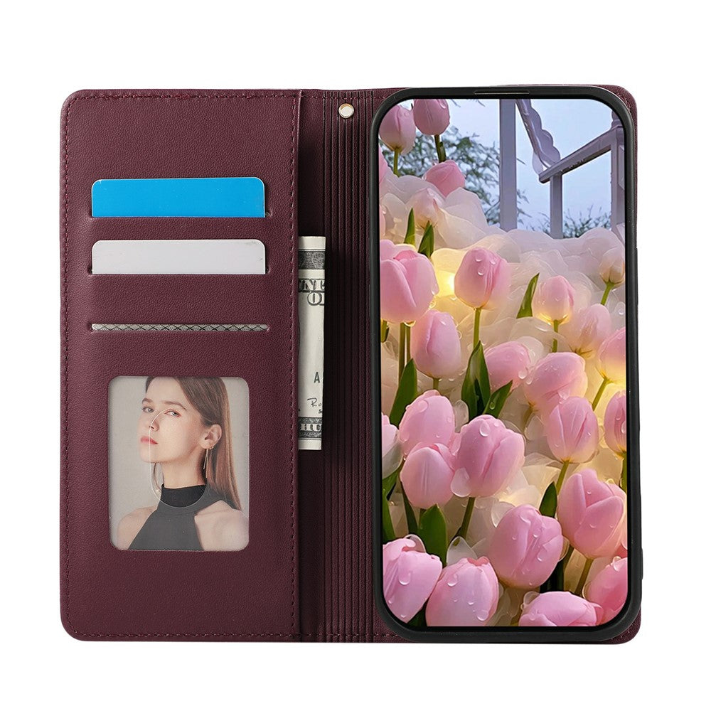 For iPhone 17 Pro Max Case RFID Blocking Wallet Stand Rhombus Leather Phone Cover with Wrist Strap - Red