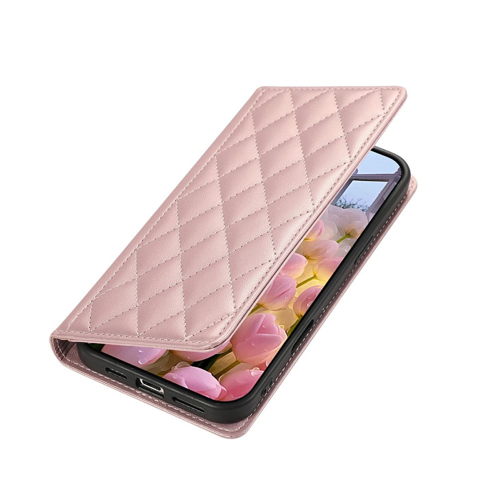 For iPhone 17 Pro Max Case RFID Blocking Wallet Stand Rhombus Leather Phone Cover with Wrist Strap - Rose Gold