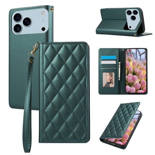 For iPhone 17 Pro Max Case RFID Blocking Wallet Stand Rhombus Leather Phone Cover with Wrist Strap - Green