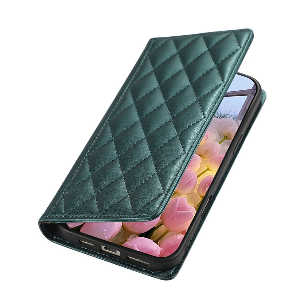 For iPhone 17 Pro Max Case RFID Blocking Wallet Stand Rhombus Leather Phone Cover with Wrist Strap - Green