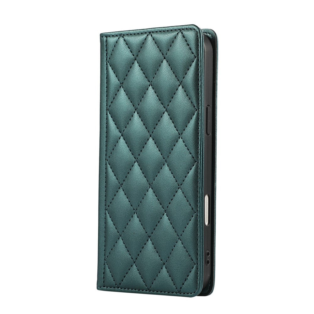For iPhone 17 Pro Max Case RFID Blocking Wallet Stand Rhombus Leather Phone Cover with Wrist Strap - Green