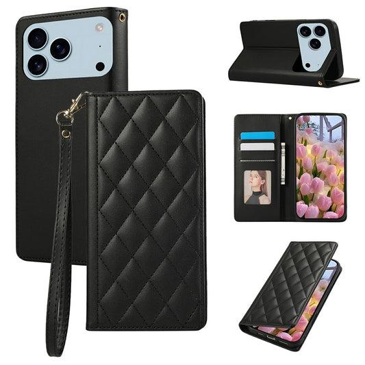 For iPhone 17 Pro Max Case RFID Blocking Wallet Stand Rhombus Leather Phone Cover with Wrist Strap - Black