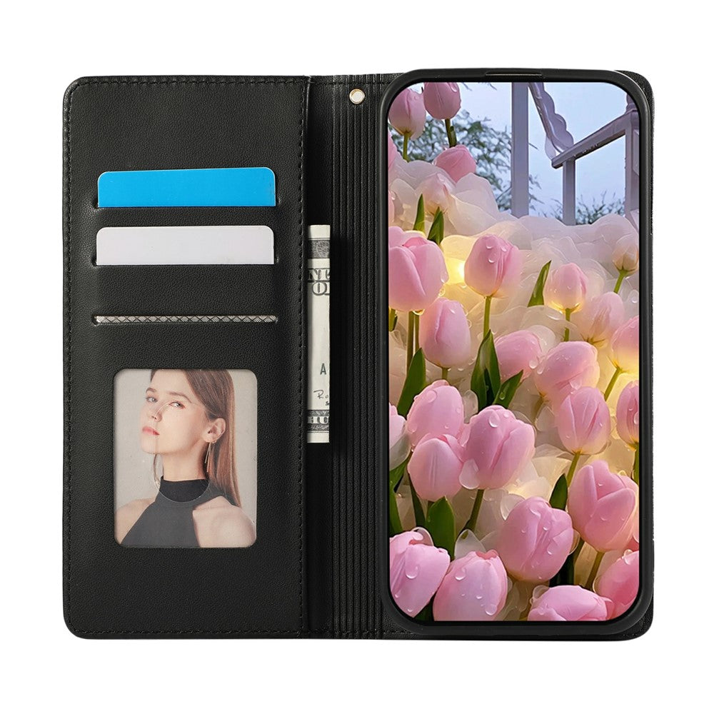 For iPhone 17 Pro Max Case RFID Blocking Wallet Stand Rhombus Leather Phone Cover with Wrist Strap - Black