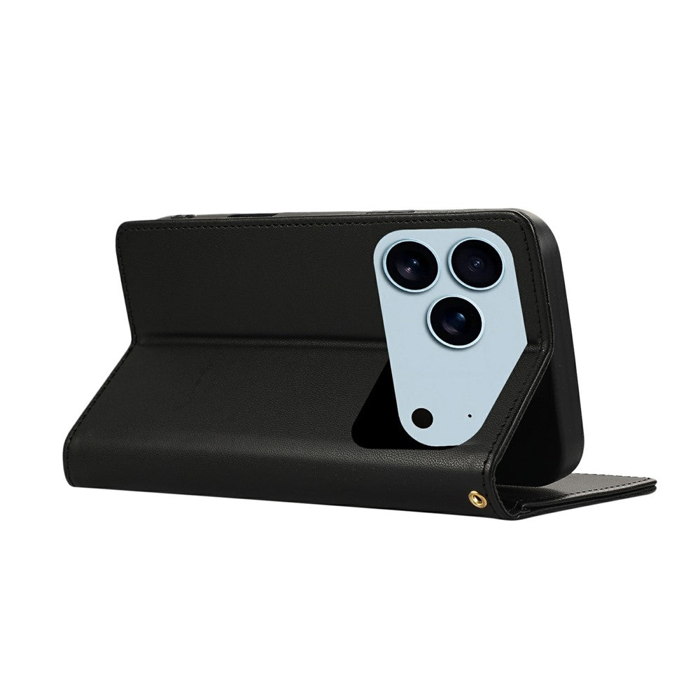 For iPhone 17 Pro Max Case RFID Blocking Wallet Stand Rhombus Leather Phone Cover with Wrist Strap - Black