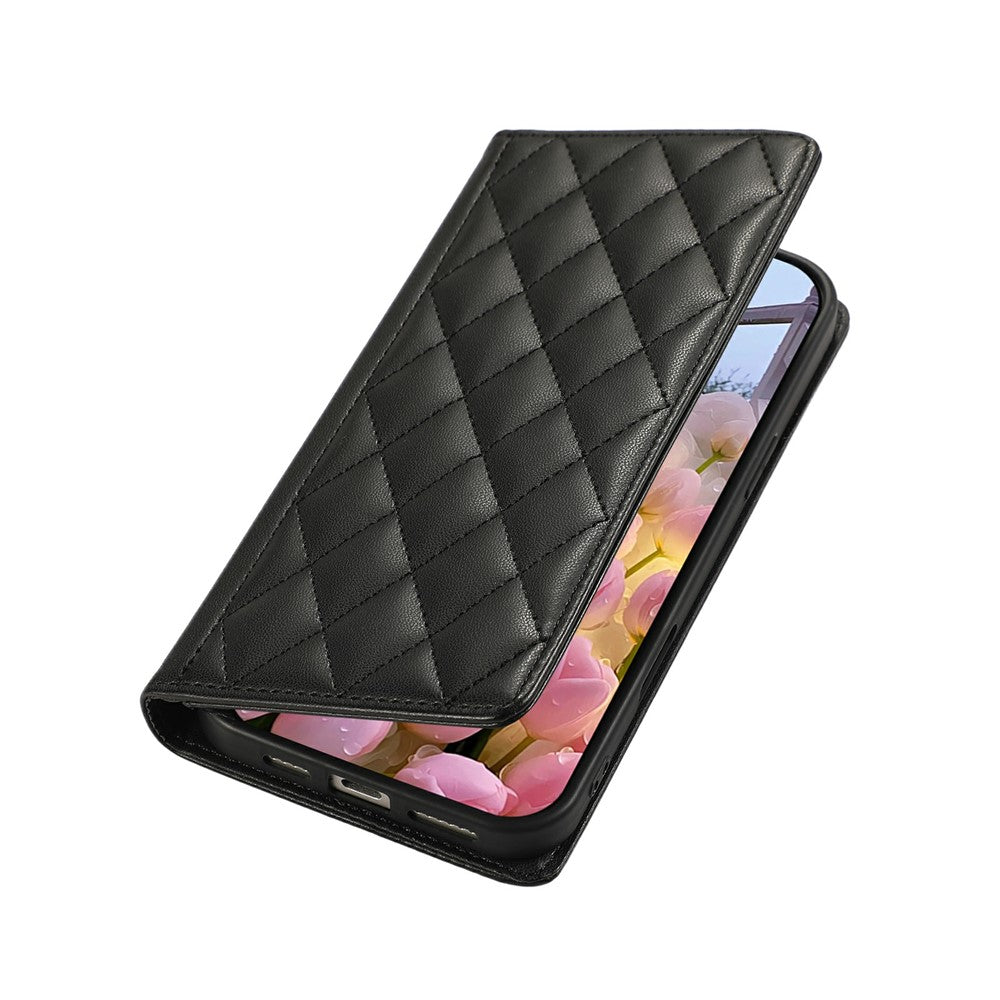 For iPhone 17 Pro Max Case RFID Blocking Wallet Stand Rhombus Leather Phone Cover with Wrist Strap - Black
