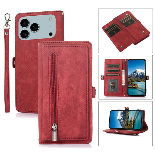 For iPhone 17 Pro Max Case Zipper Pocket 9 Card Slots PU Leather Phone Cover with Wrist Strap - Red