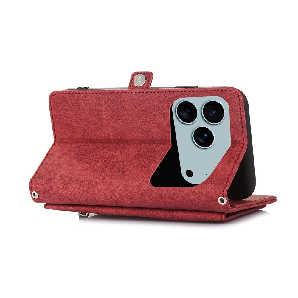 For iPhone 17 Pro Max Case Zipper Pocket 9 Card Slots PU Leather Phone Cover with Wrist Strap - Red