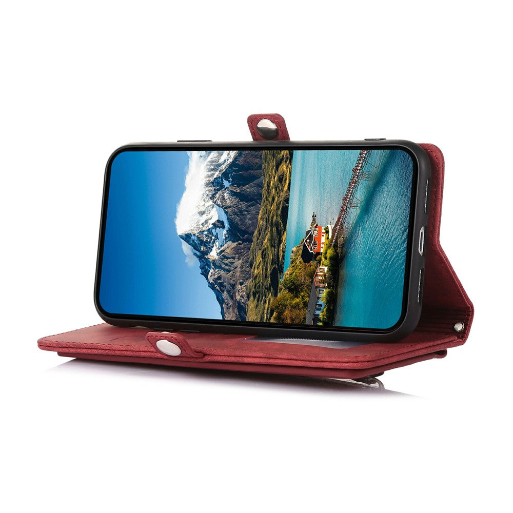 For iPhone 17 Pro Max Case Zipper Pocket 9 Card Slots PU Leather Phone Cover with Wrist Strap - Red