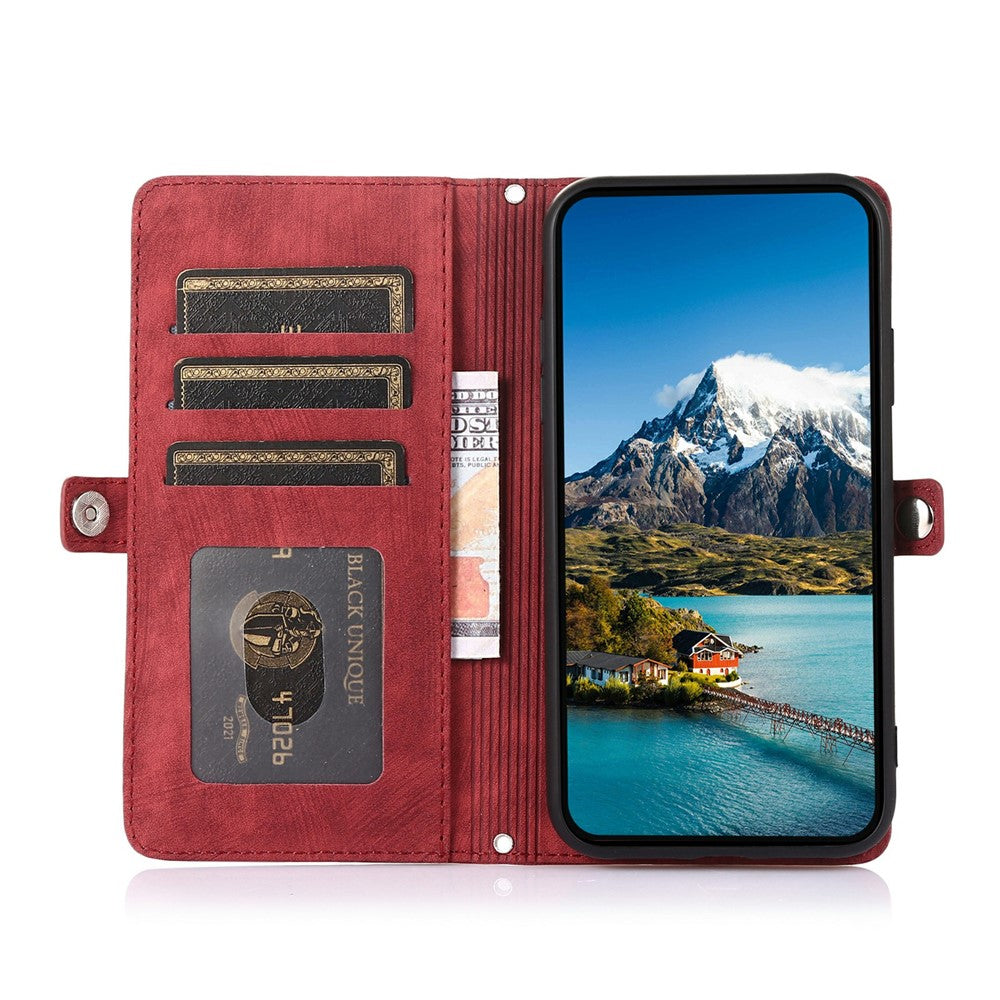 For iPhone 17 Pro Max Case Zipper Pocket 9 Card Slots PU Leather Phone Cover with Wrist Strap - Red