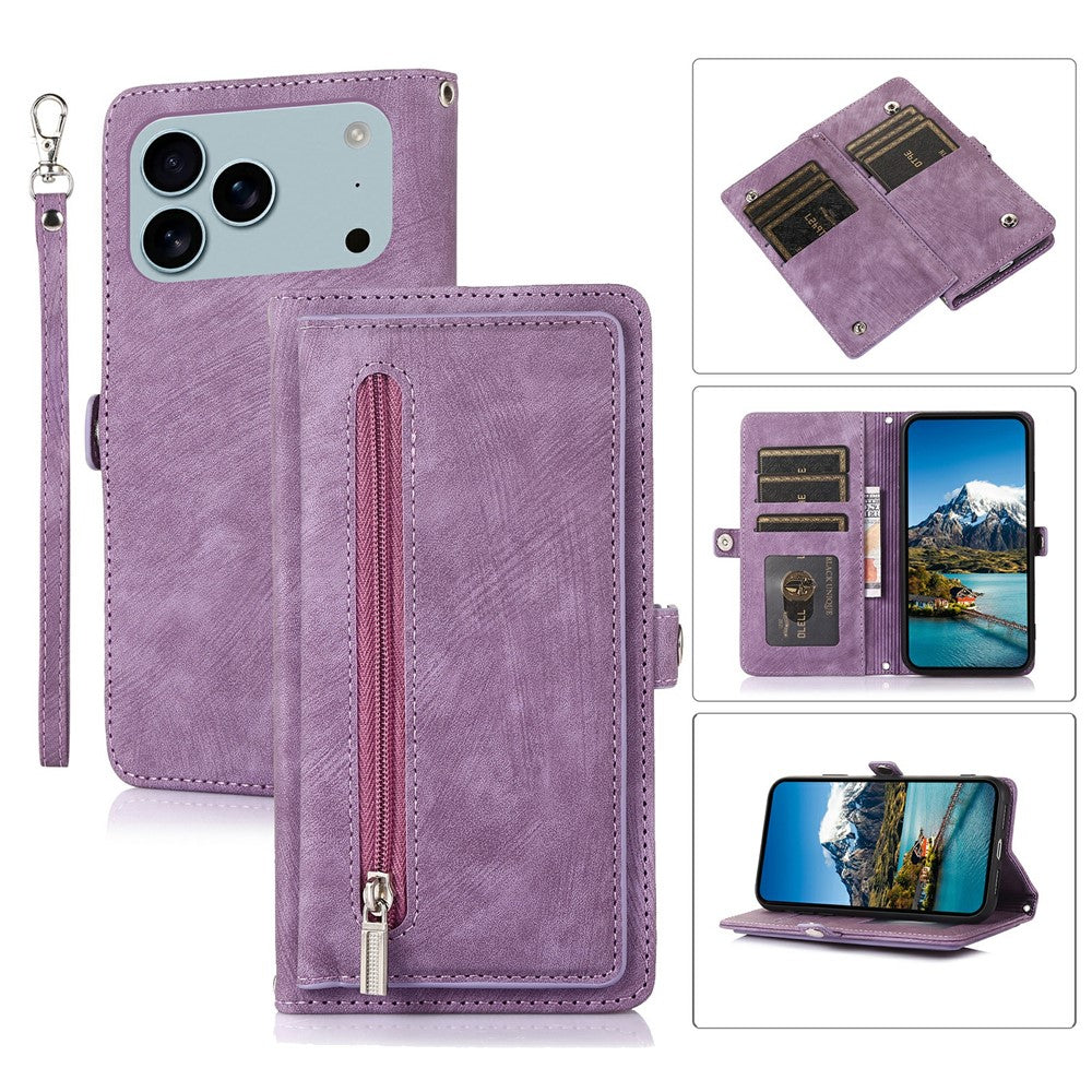 For iPhone 17 Pro Max Case Zipper Pocket 9 Card Slots PU Leather Phone Cover with Wrist Strap - Purple