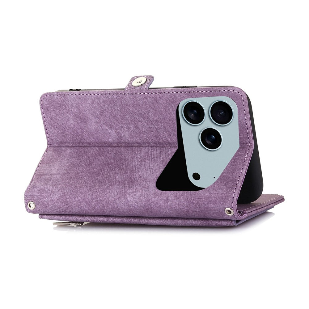 For iPhone 17 Pro Max Case Zipper Pocket 9 Card Slots PU Leather Phone Cover with Wrist Strap - Purple