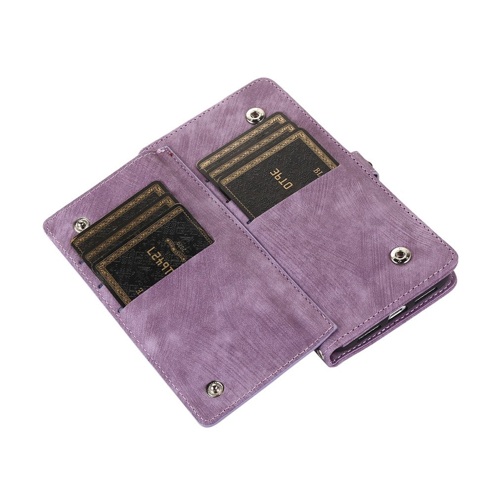 For iPhone 17 Pro Max Case Zipper Pocket 9 Card Slots PU Leather Phone Cover with Wrist Strap - Purple