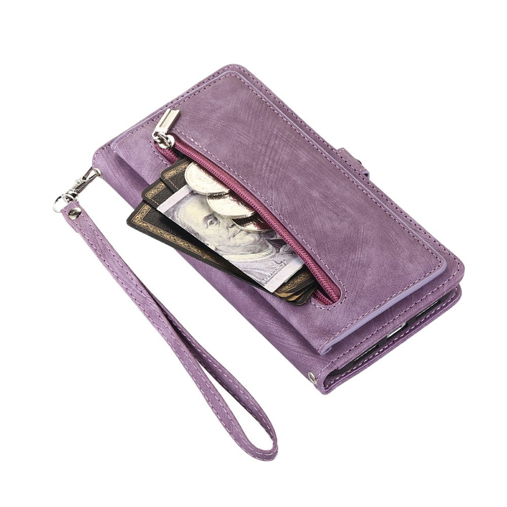 For iPhone 17 Pro Max Case Zipper Pocket 9 Card Slots PU Leather Phone Cover with Wrist Strap - Purple