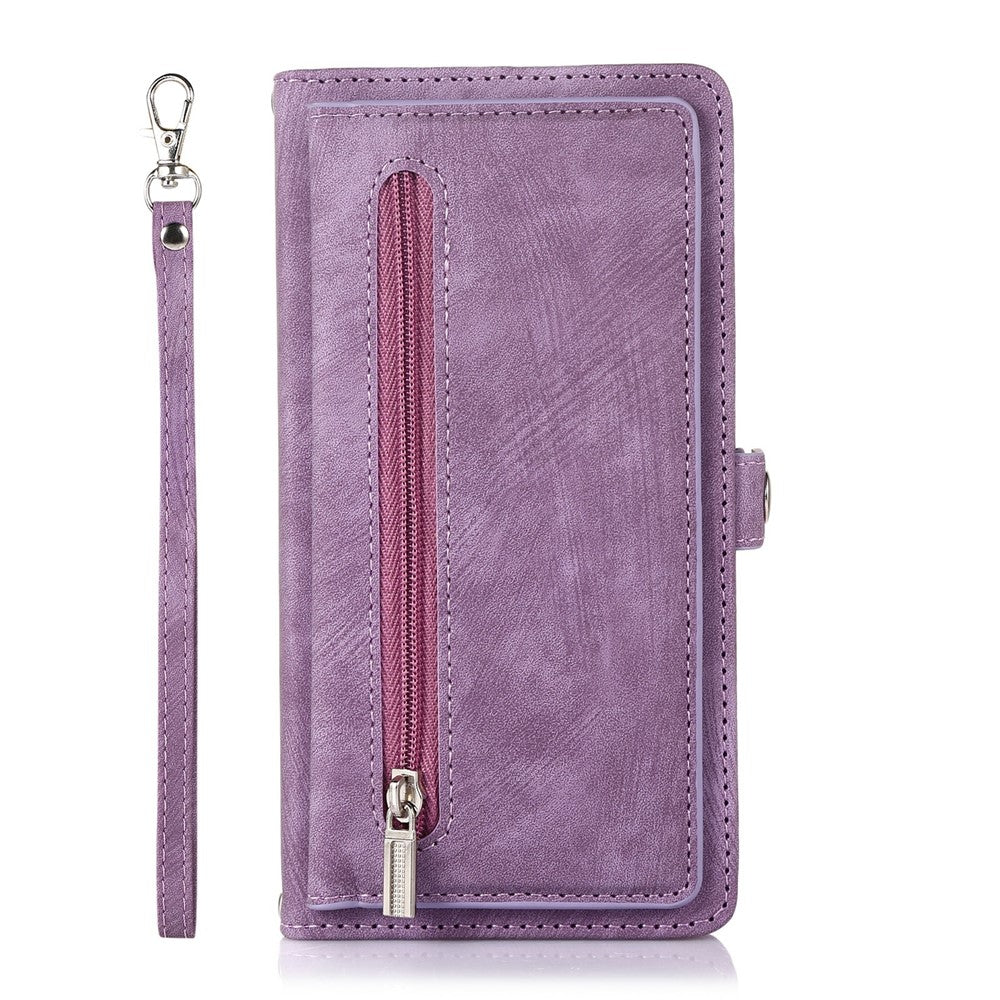 For iPhone 17 Pro Max Case Zipper Pocket 9 Card Slots PU Leather Phone Cover with Wrist Strap - Purple