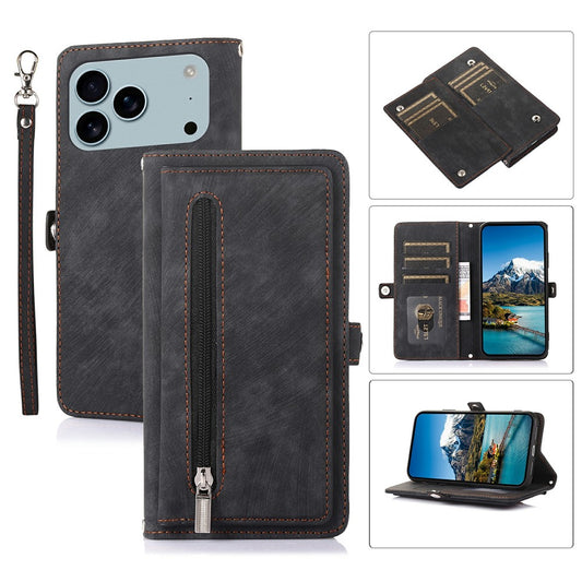 For iPhone 17 Pro Max Case Zipper Pocket 9 Card Slots PU Leather Phone Cover with Wrist Strap - Black