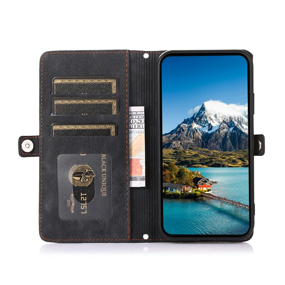 For iPhone 17 Pro Max Case Zipper Pocket 9 Card Slots PU Leather Phone Cover with Wrist Strap - Black
