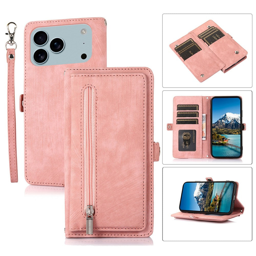 For iPhone 17 Pro Max Case Zipper Pocket 9 Card Slots PU Leather Phone Cover with Wrist Strap - Rose Gold