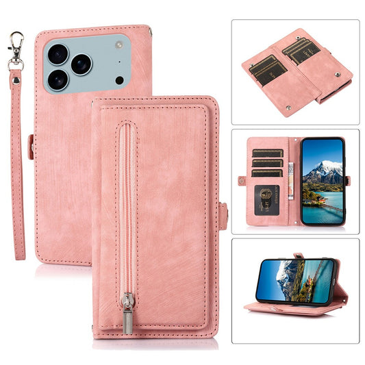For iPhone 17 Pro Max Case Zipper Pocket 9 Card Slots PU Leather Phone Cover with Wrist Strap - Rose Gold