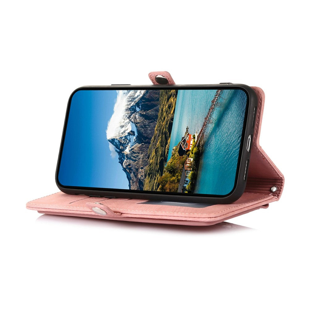 For iPhone 17 Pro Max Case Zipper Pocket 9 Card Slots PU Leather Phone Cover with Wrist Strap - Rose Gold