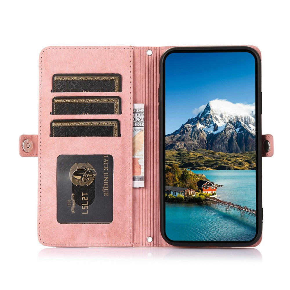 For iPhone 17 Pro Max Case Zipper Pocket 9 Card Slots PU Leather Phone Cover with Wrist Strap - Rose Gold