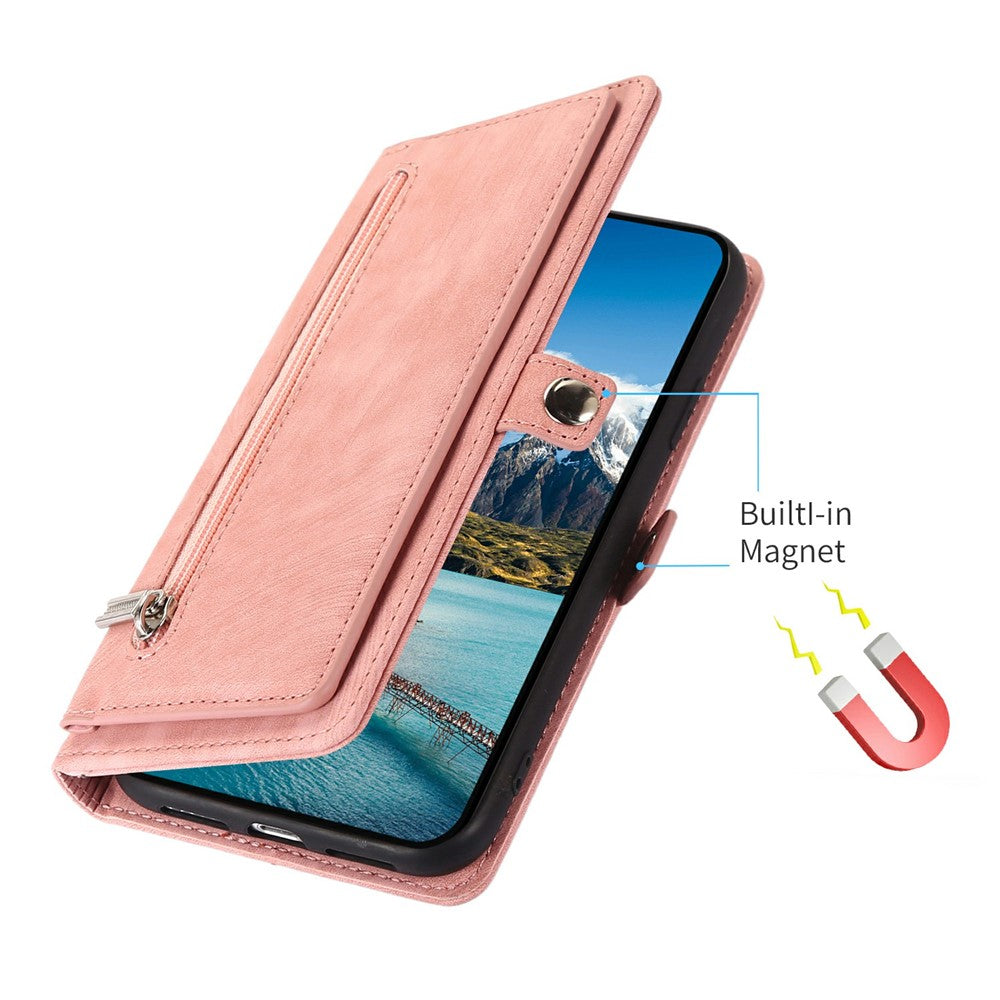 For iPhone 17 Pro Max Case Zipper Pocket 9 Card Slots PU Leather Phone Cover with Wrist Strap - Rose Gold