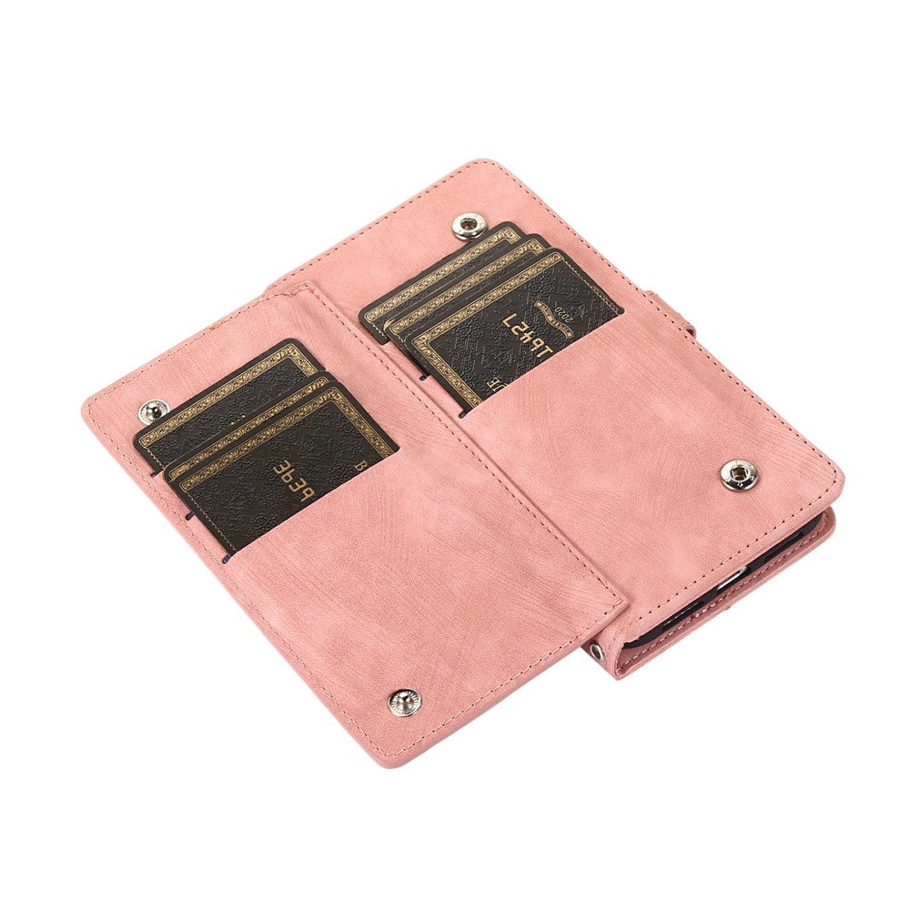 For iPhone 17 Pro Max Case Zipper Pocket 9 Card Slots PU Leather Phone Cover with Wrist Strap - Rose Gold