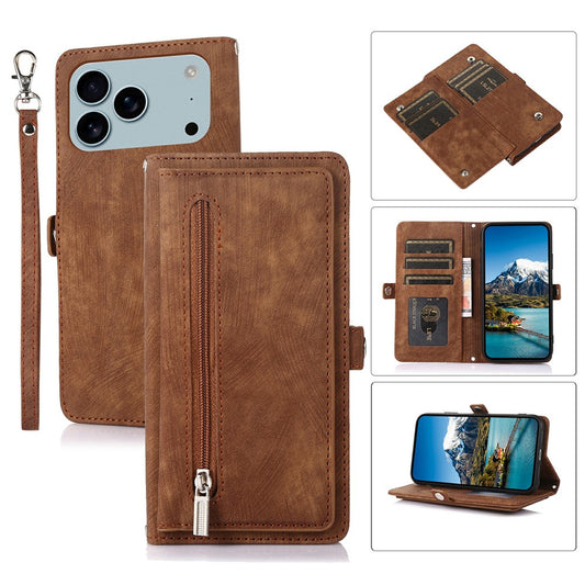 For iPhone 17 Pro Max Case Zipper Pocket 9 Card Slots PU Leather Phone Cover with Wrist Strap - Brown