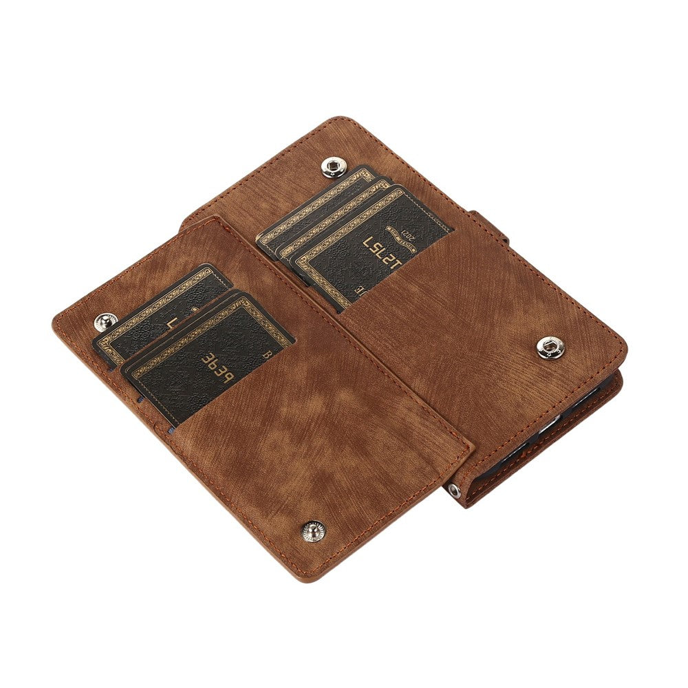 For iPhone 17 Pro Max Case Zipper Pocket 9 Card Slots PU Leather Phone Cover with Wrist Strap - Brown