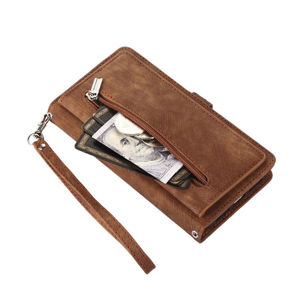 For iPhone 17 Pro Max Case Zipper Pocket 9 Card Slots PU Leather Phone Cover with Wrist Strap - Brown