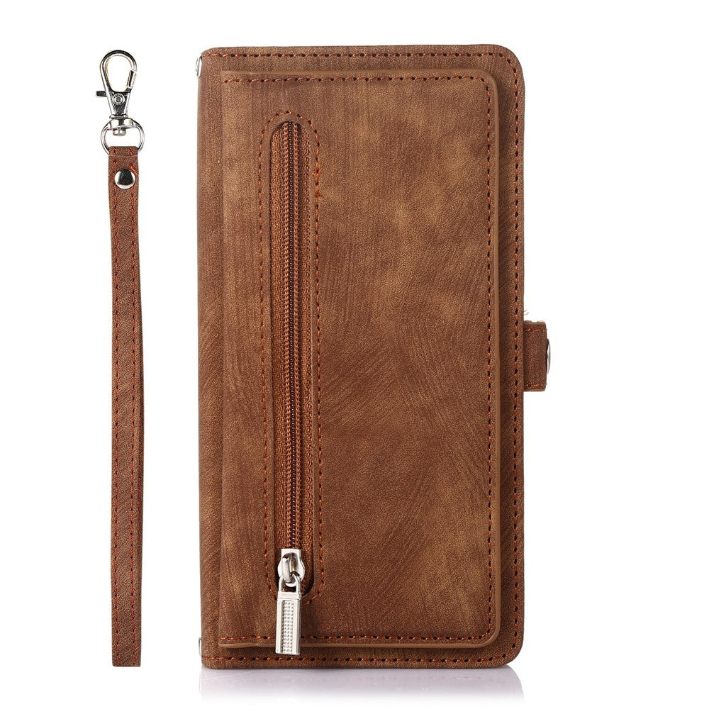 For iPhone 17 Pro Max Case Zipper Pocket 9 Card Slots PU Leather Phone Cover with Wrist Strap - Brown