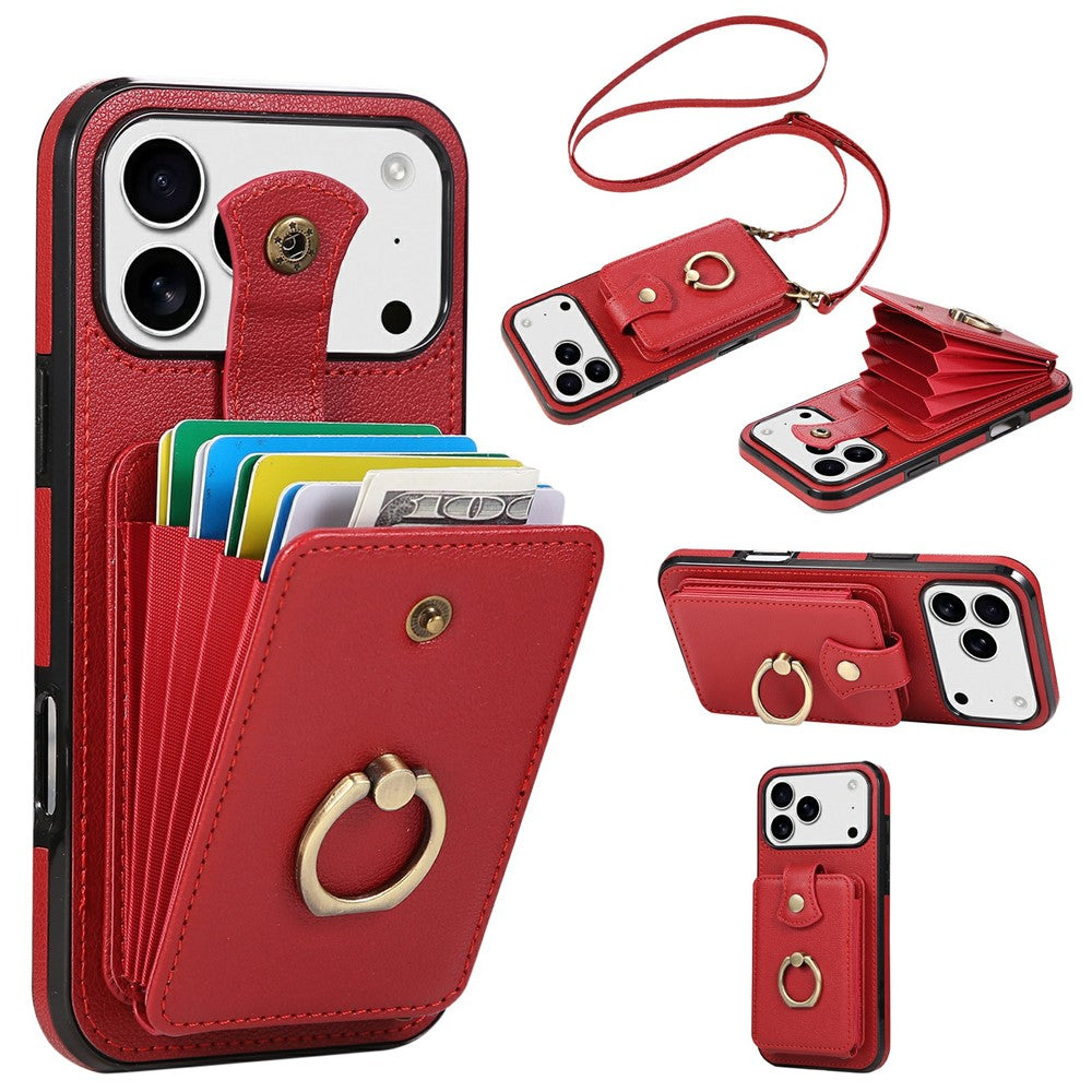 For iPhone 17 Pro Max Case Card Holder Ring Kickstand TPU + PU Leather Phone Cover with Long Strap - Red