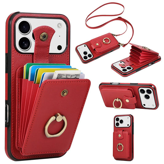 For iPhone 17 Pro Max Case Card Holder Ring Kickstand TPU + PU Leather Phone Cover with Long Strap - Red