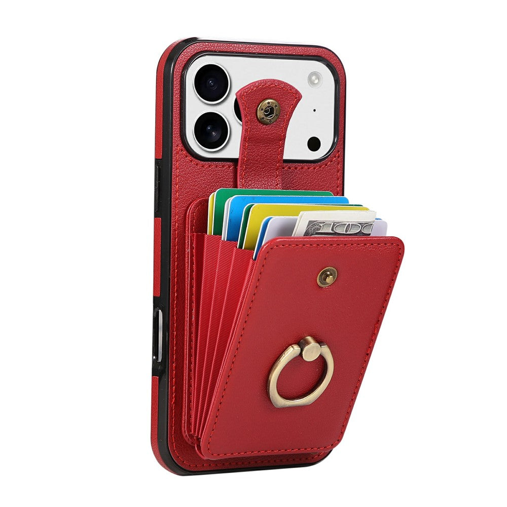 For iPhone 17 Pro Max Case Card Holder Ring Kickstand TPU + PU Leather Phone Cover with Long Strap - Red