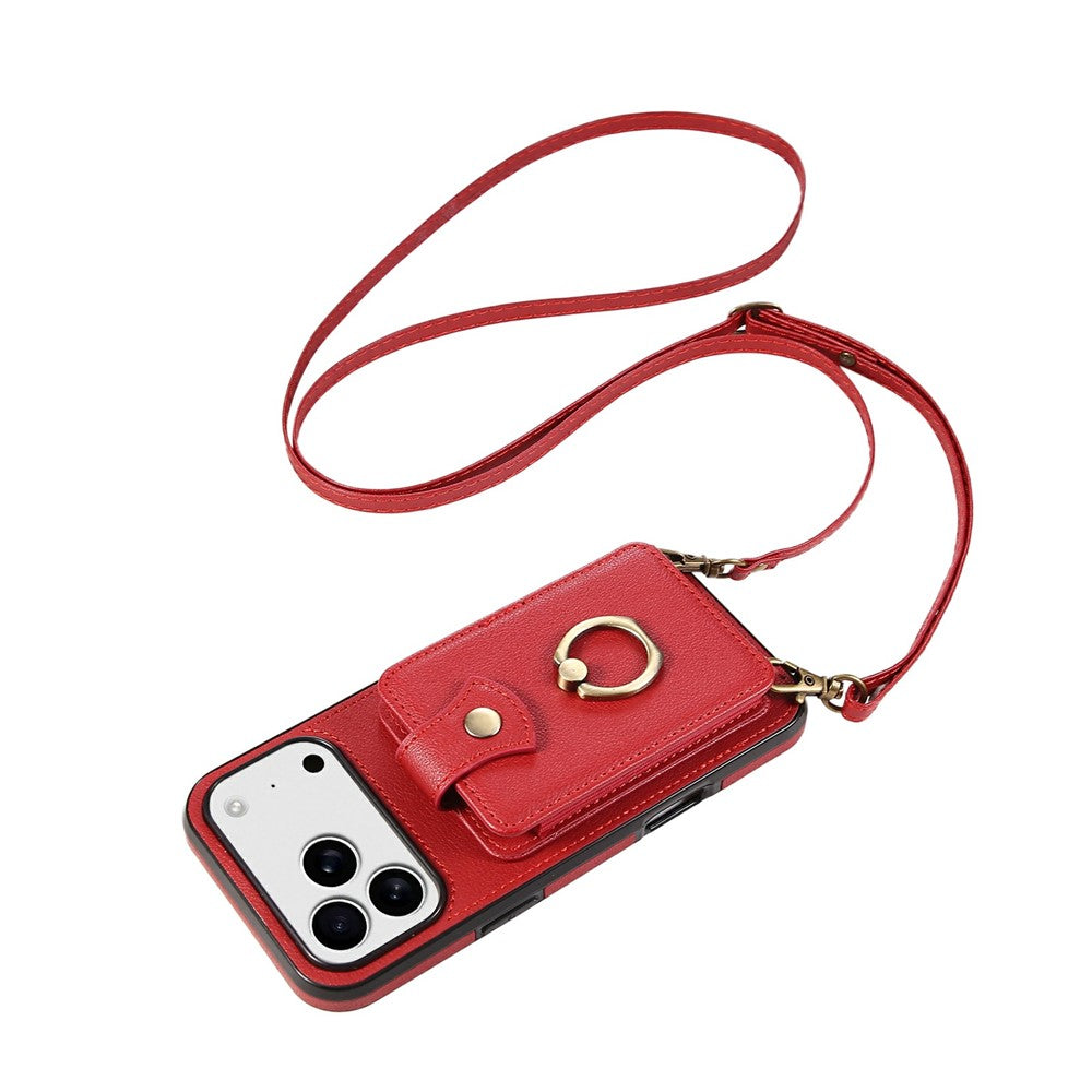 For iPhone 17 Pro Max Case Card Holder Ring Kickstand TPU + PU Leather Phone Cover with Long Strap - Red