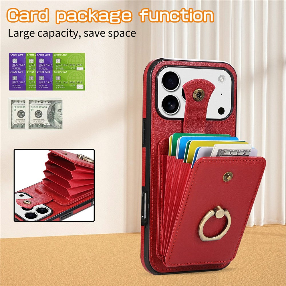 For iPhone 17 Pro Max Case Card Holder Ring Kickstand TPU + PU Leather Phone Cover with Long Strap - Red
