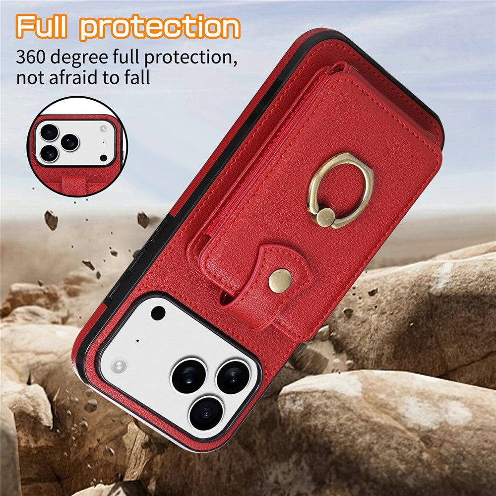 For iPhone 17 Pro Max Case Card Holder Ring Kickstand TPU + PU Leather Phone Cover with Long Strap - Red