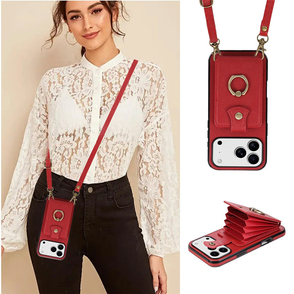 For iPhone 17 Pro Max Case Card Holder Ring Kickstand TPU + PU Leather Phone Cover with Long Strap - Red