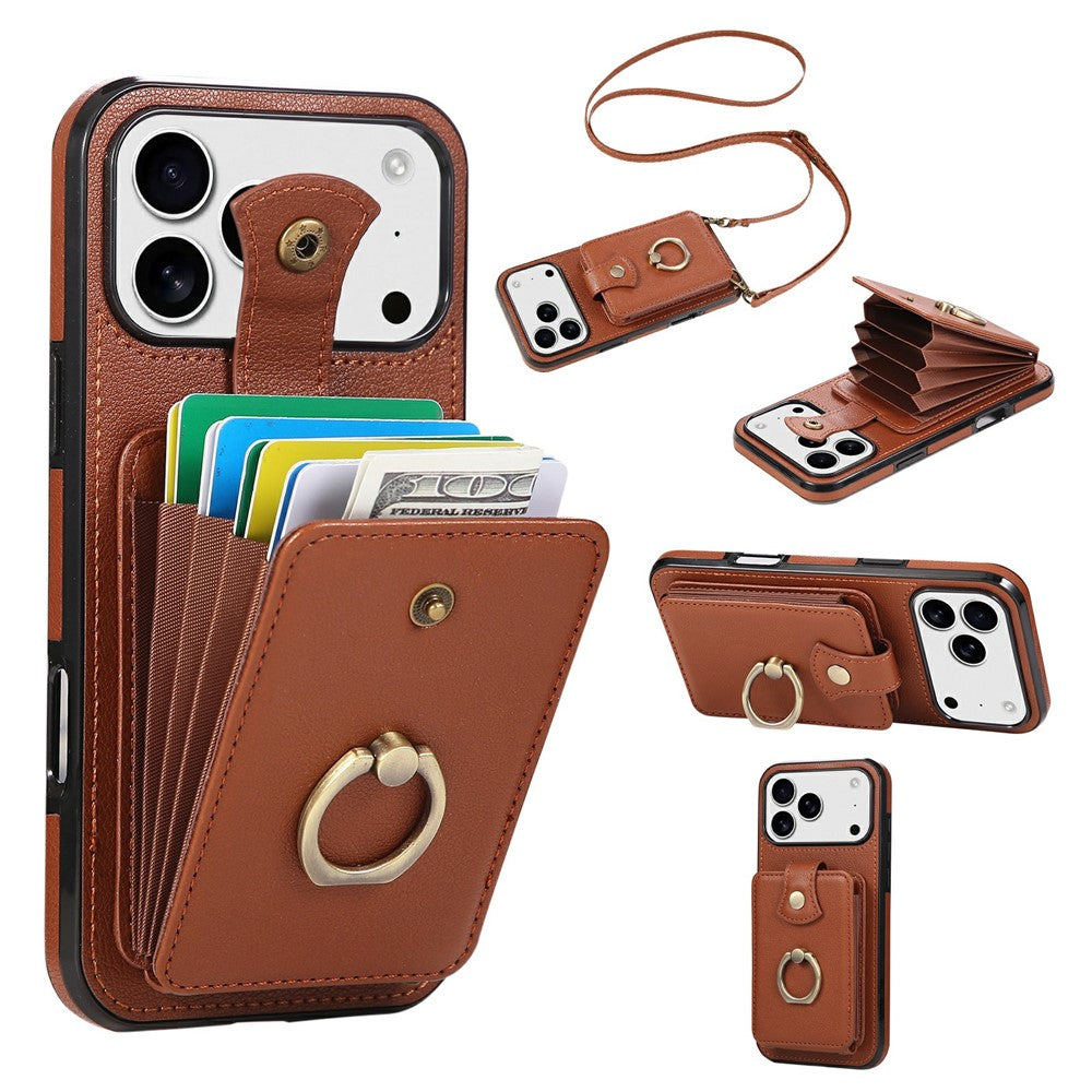 For iPhone 17 Pro Max Case Card Holder Ring Kickstand TPU + PU Leather Phone Cover with Long Strap - Brown