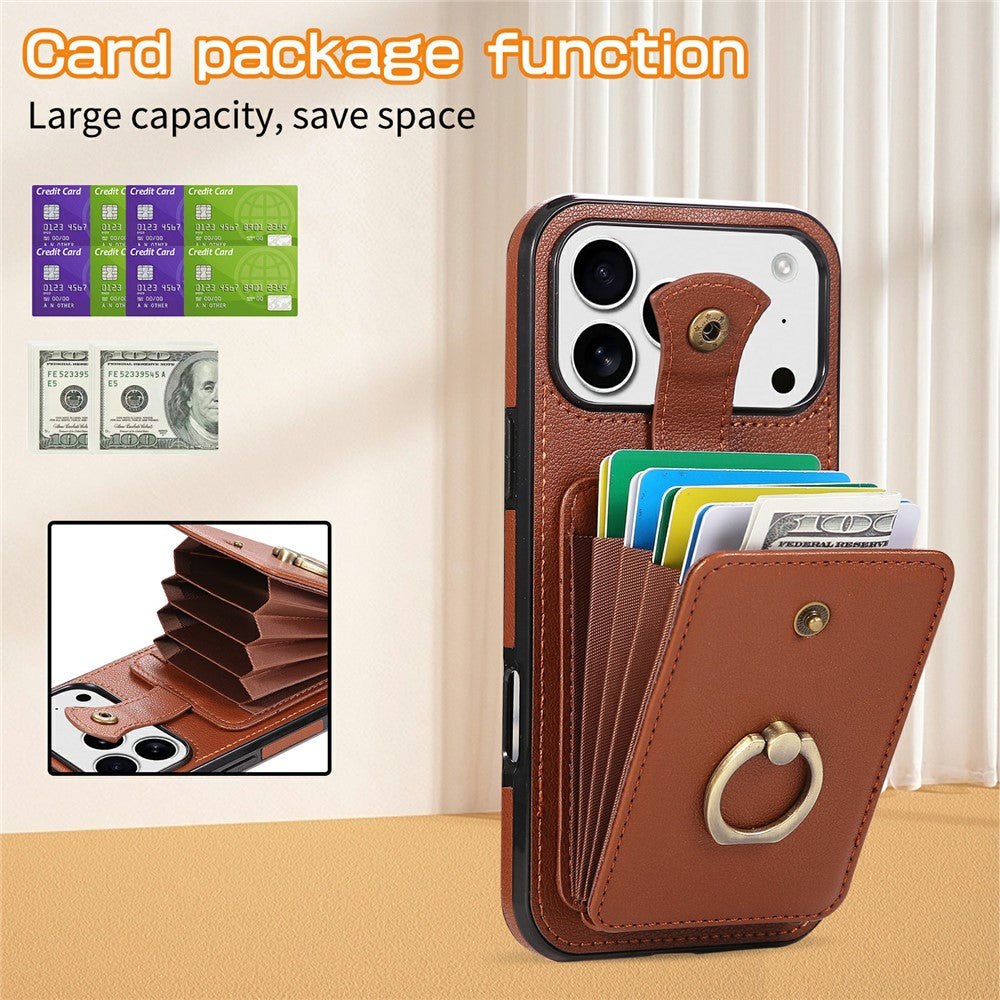 For iPhone 17 Pro Max Case Card Holder Ring Kickstand TPU + PU Leather Phone Cover with Long Strap - Brown