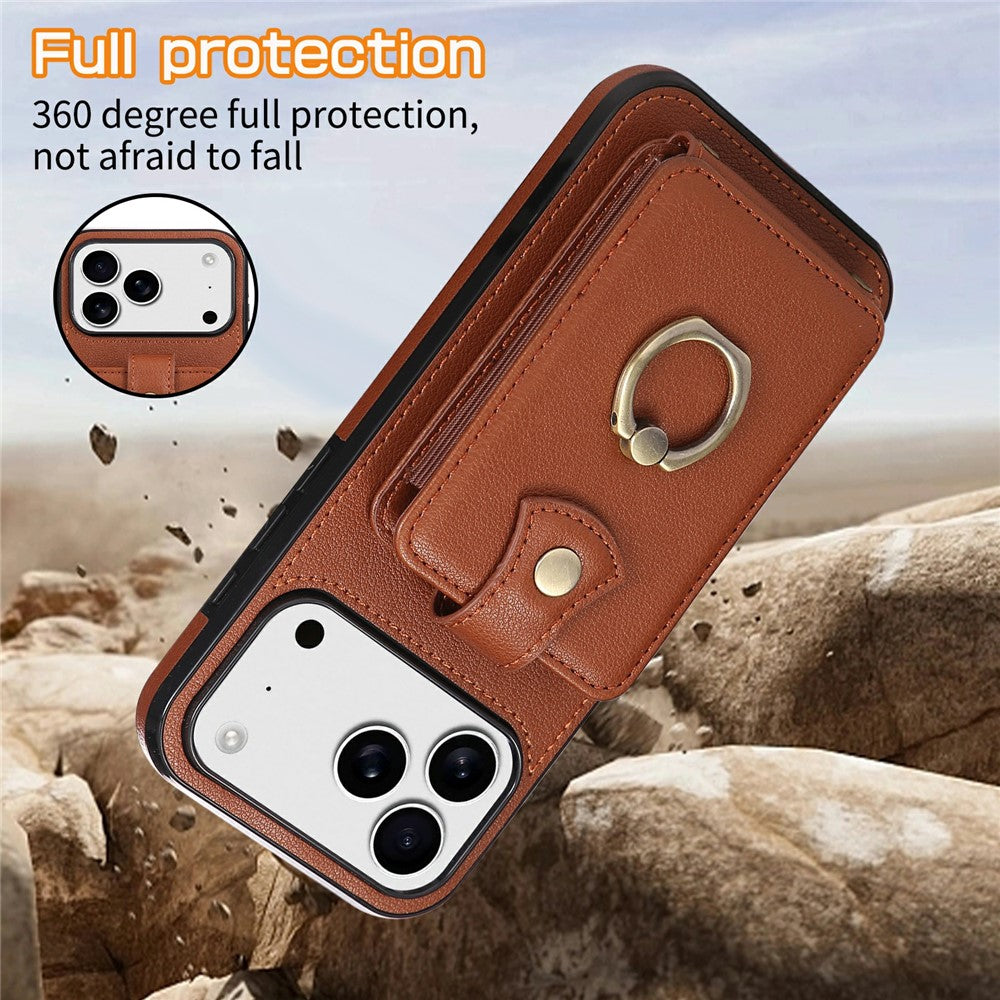 For iPhone 17 Pro Max Case Card Holder Ring Kickstand TPU + PU Leather Phone Cover with Long Strap - Brown