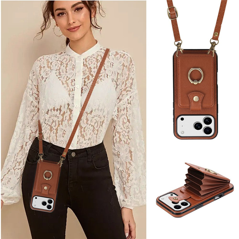 For iPhone 17 Pro Max Case Card Holder Ring Kickstand TPU + PU Leather Phone Cover with Long Strap - Brown