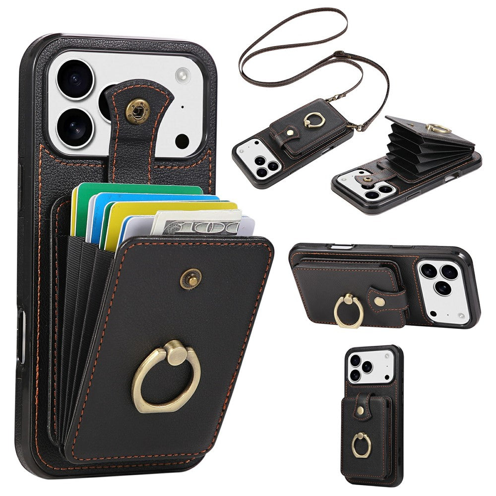 For iPhone 17 Pro Max Case Card Holder Ring Kickstand TPU + PU Leather Phone Cover with Long Strap - Black