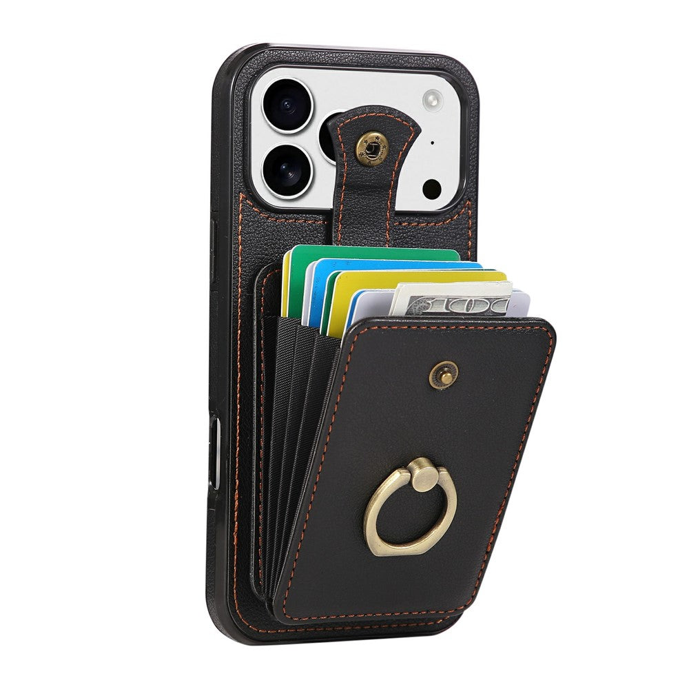 For iPhone 17 Pro Max Case Card Holder Ring Kickstand TPU + PU Leather Phone Cover with Long Strap - Black