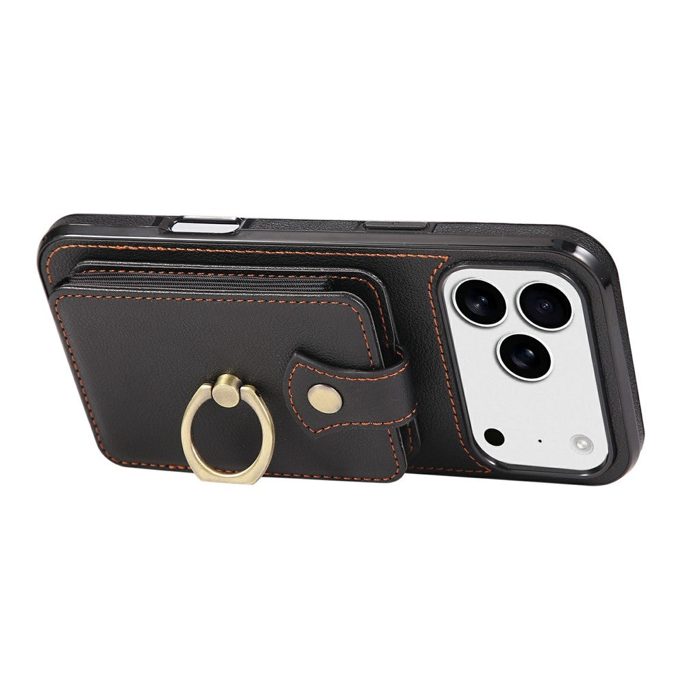 For iPhone 17 Pro Max Case Card Holder Ring Kickstand TPU + PU Leather Phone Cover with Long Strap - Black
