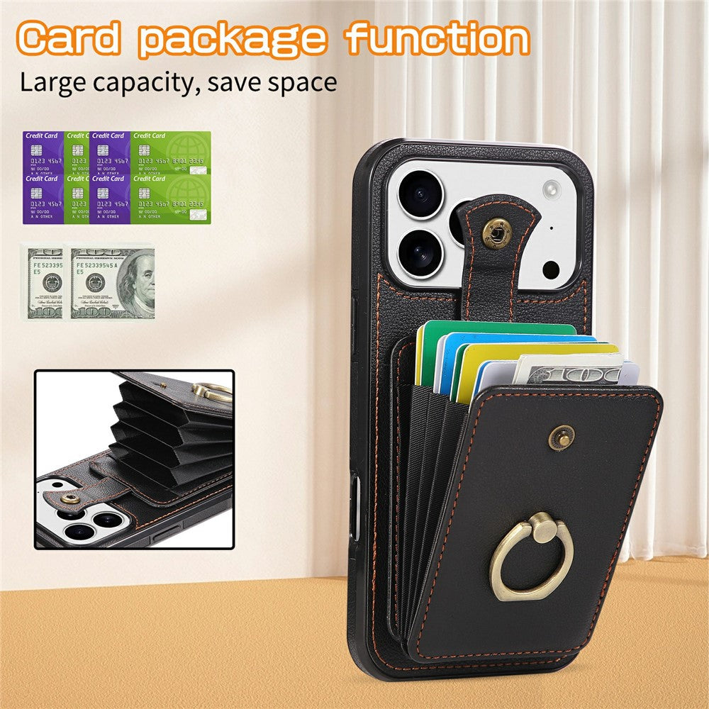 For iPhone 17 Pro Max Case Card Holder Ring Kickstand TPU + PU Leather Phone Cover with Long Strap - Black