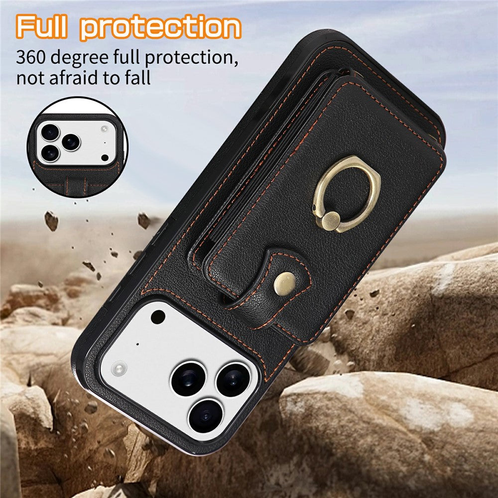 For iPhone 17 Pro Max Case Card Holder Ring Kickstand TPU + PU Leather Phone Cover with Long Strap - Black