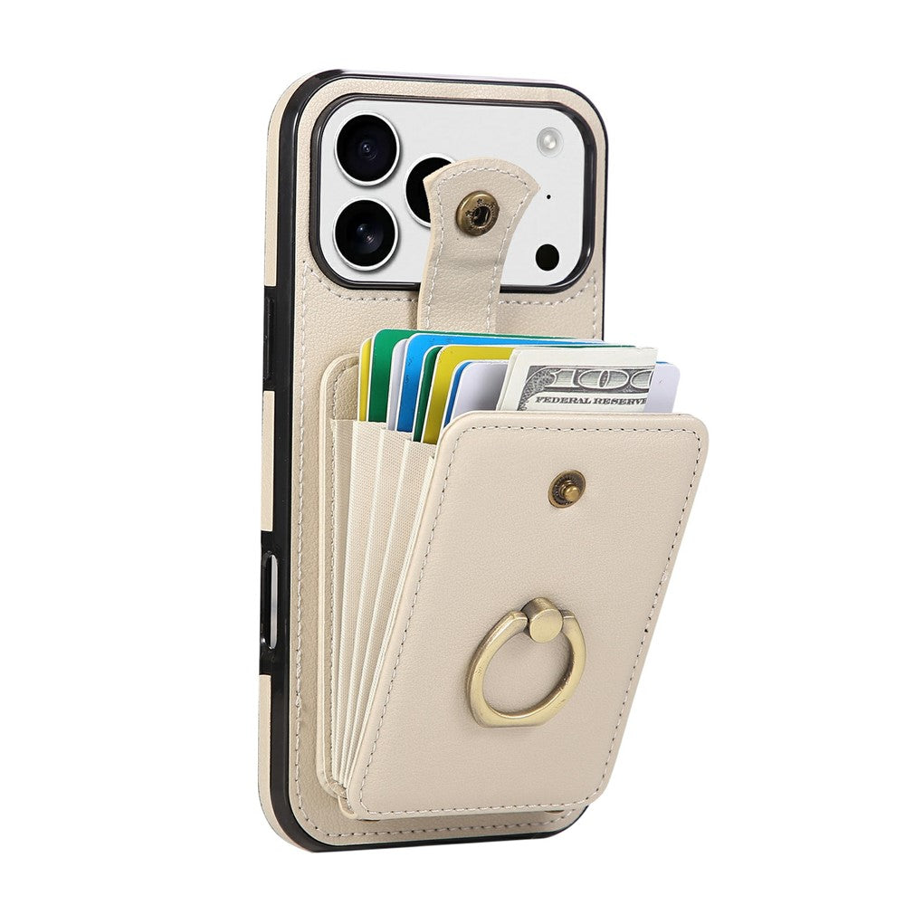For iPhone 17 Pro Max Case Card Holder Ring Kickstand TPU + PU Leather Phone Cover with Long Strap - Beige