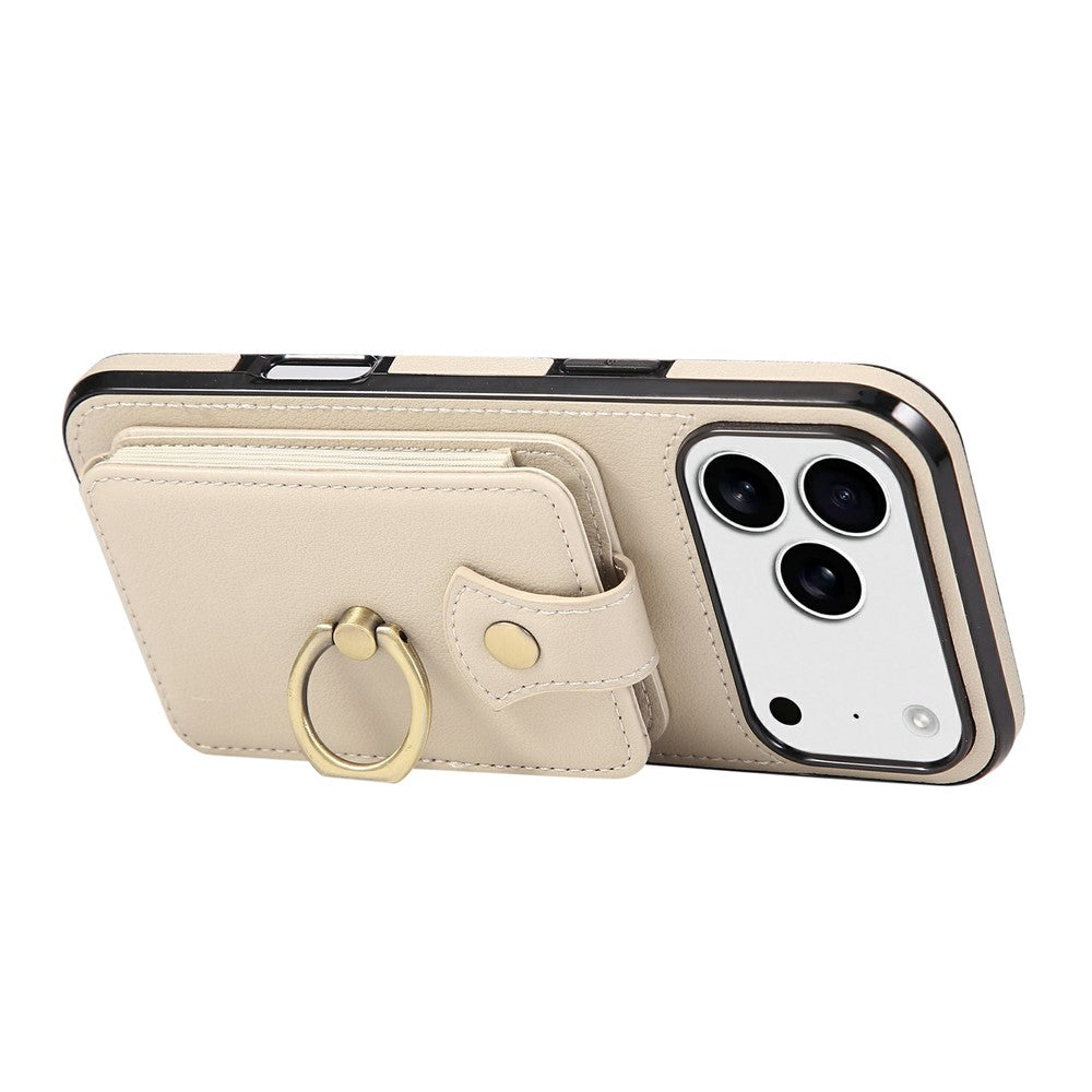 For iPhone 17 Pro Max Case Card Holder Ring Kickstand TPU + PU Leather Phone Cover with Long Strap - Beige